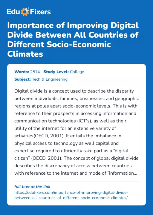 Importance of Improving Digital Divide Between All Countries of Different Socio-Economic Climates - Essay Preview
