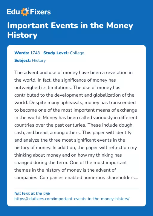 Important Events in the Money History - Essay Preview