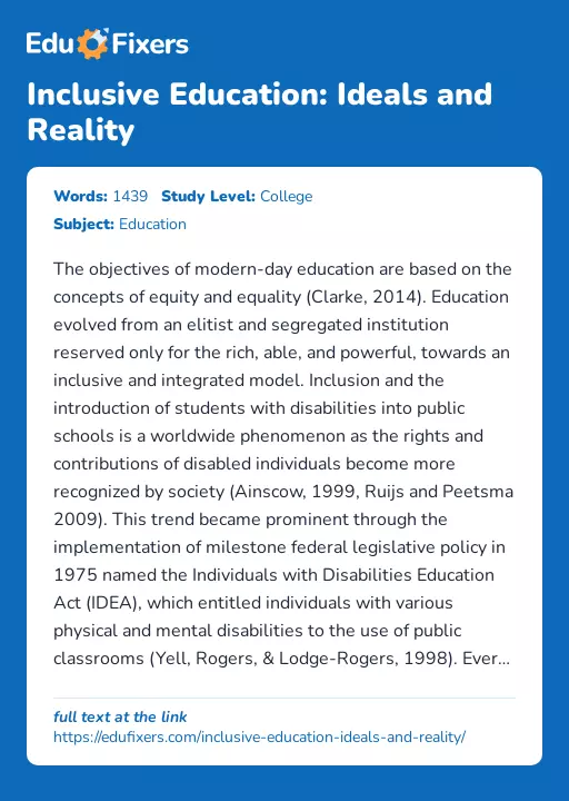 Inclusive Education: Ideals and Reality - Essay Preview