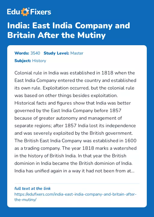 India: East India Company and Britain After the Mutiny - Essay Preview
