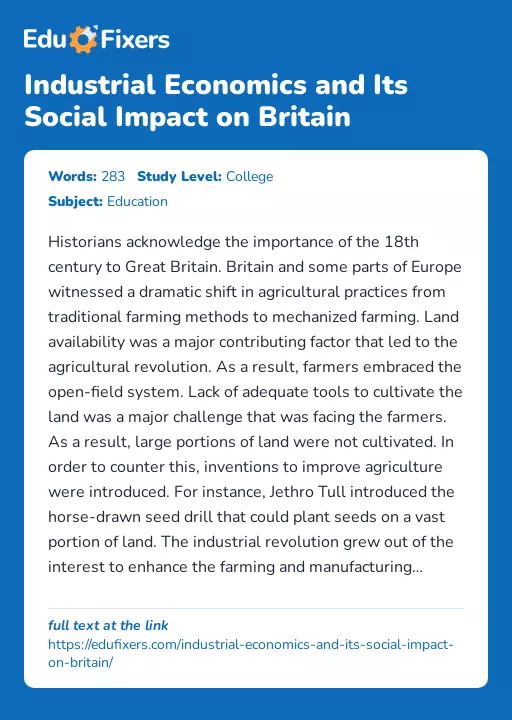 Industrial Economics and Its Social Impact on Britain - Essay Preview