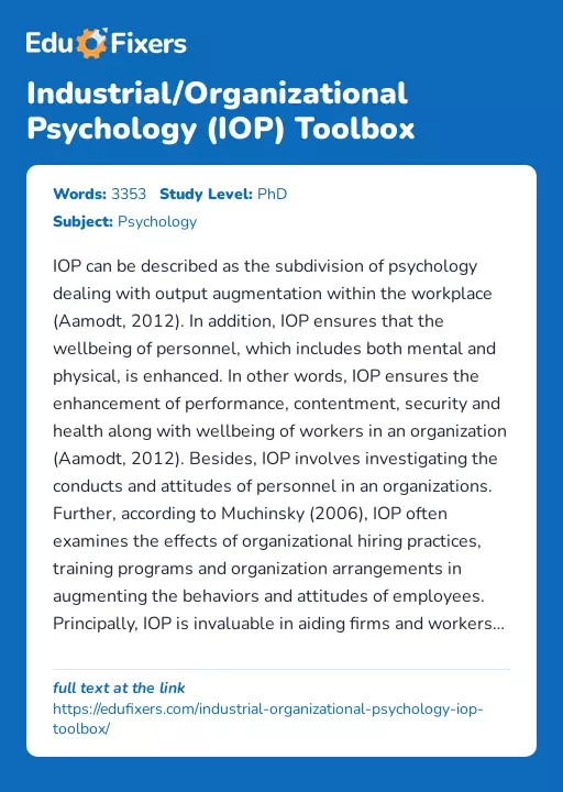 Industrial/Organizational Psychology (IOP) Toolbox - Essay Preview