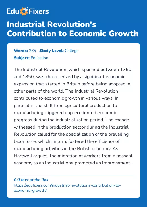 Industrial Revolution's Contribution to Economic Growth - Essay Preview