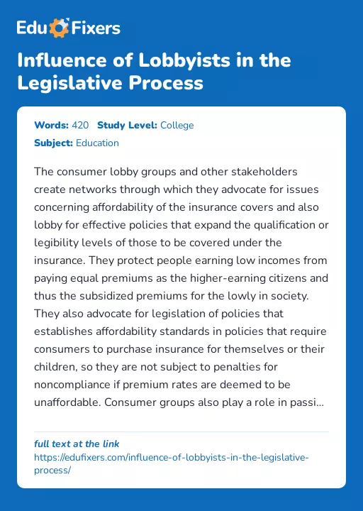 Influence of Lobbyists in the Legislative Process - Essay Preview