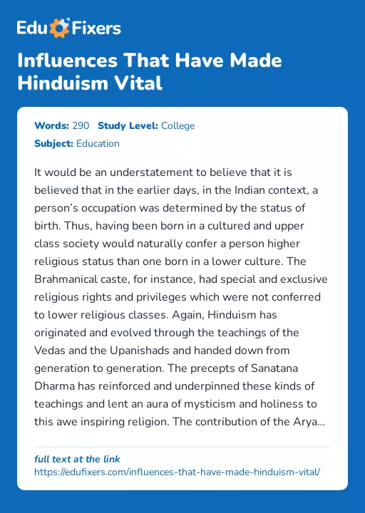 Influences That Have Made Hinduism Vital - Essay Preview