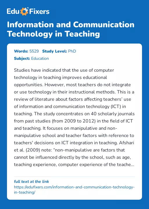 Information and Communication Technology in Teaching - Essay Preview