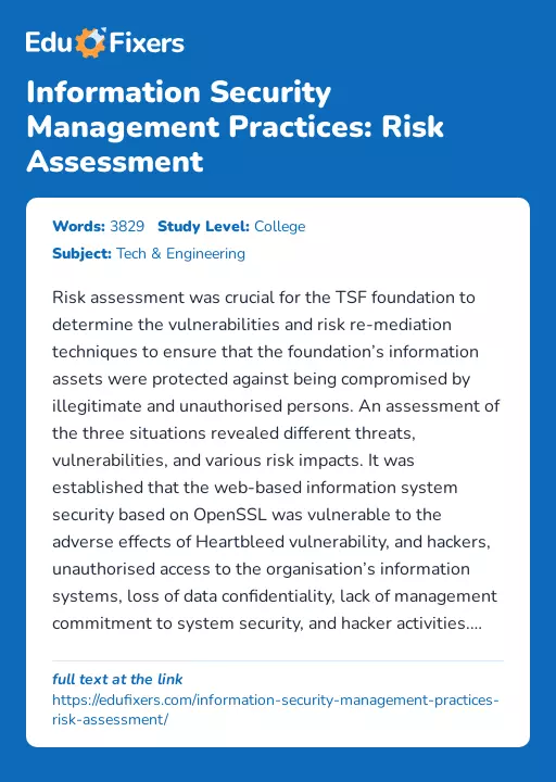 Information Security Management Practices: Risk Assessment - Essay Preview