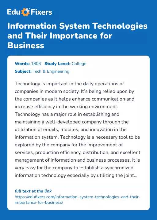 Information System Technologies and Their Importance for Business - Essay Preview