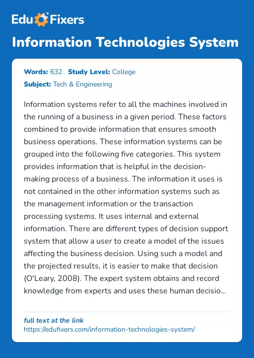 Information Technologies System - Essay Preview