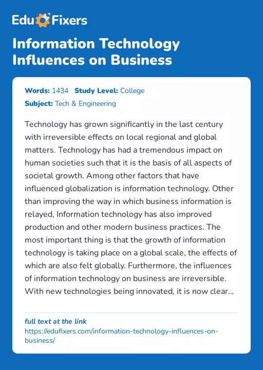 Information Technology Influences on Business - Essay Preview