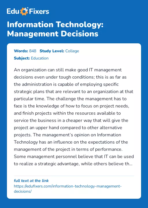Information Technology: Management Decisions - Essay Preview