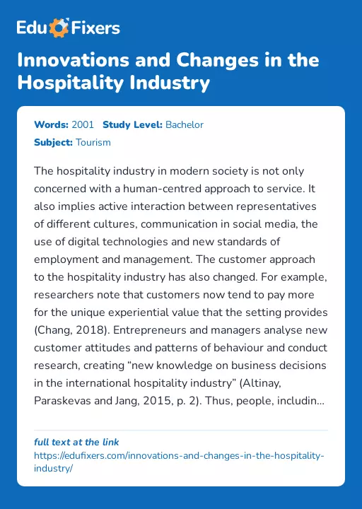 Innovations and Changes in the Hospitality Industry - Essay Preview