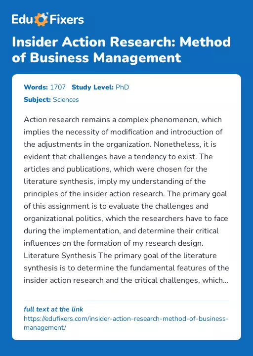 Insider Action Research: Method of Business Management - Essay Preview