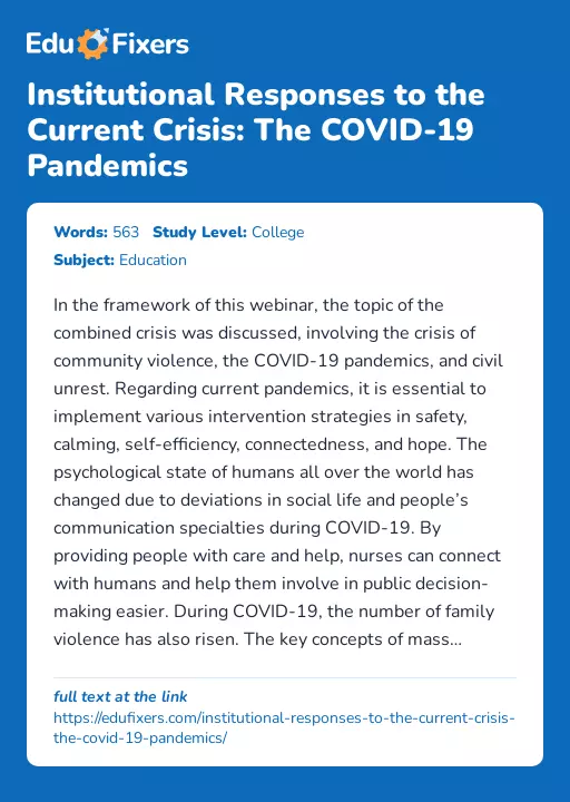 Institutional Responses to the Current Crisis: The COVID-19 Pandemics - Essay Preview