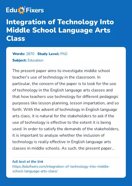Integration of Technology Into Middle School Language Arts Class - Essay Preview