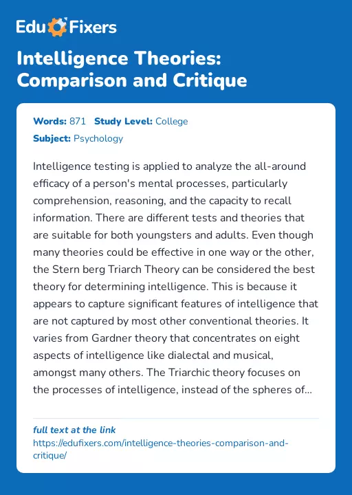 Intelligence Theories: Comparison and Critique - Essay Preview