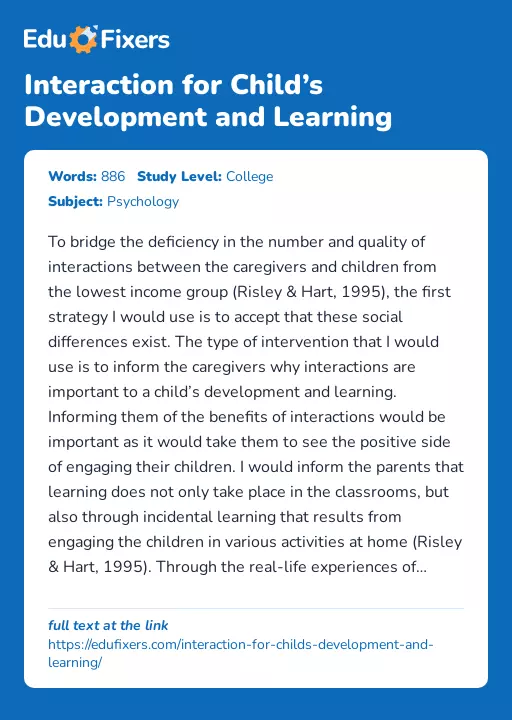 Interaction for Child’s Development and Learning - Essay Preview