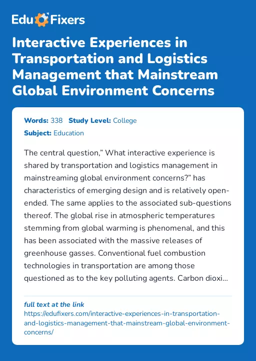 Interactive Experiences in Transportation and Logistics Management that Mainstream Global Environment Concerns - Essay Preview