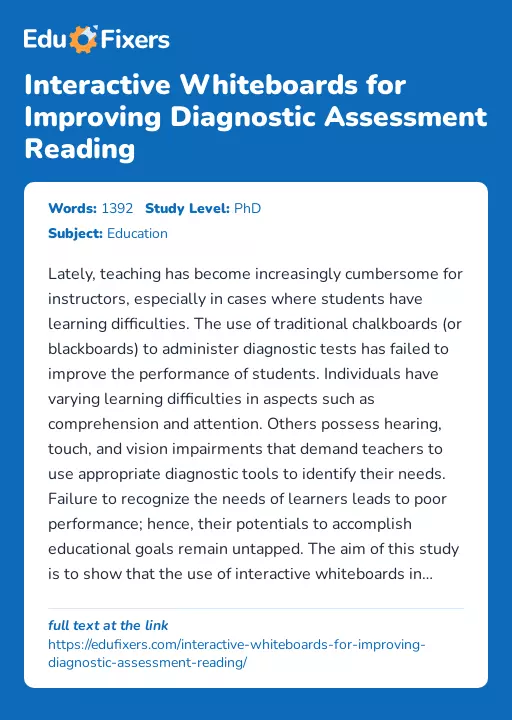 Interactive Whiteboards for Improving Diagnostic Assessment Reading - Essay Preview