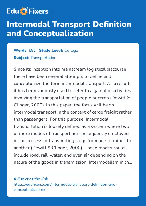 Intermodal Transport Definition and Conceptualization - Essay Preview