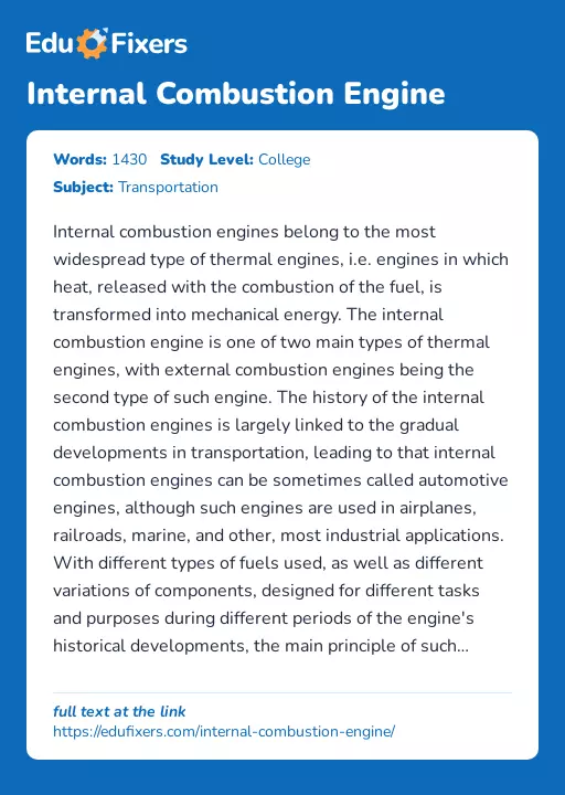 Internal Combustion Engine - Essay Preview