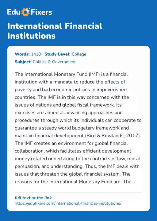 International Financial Institutions - Essay Preview