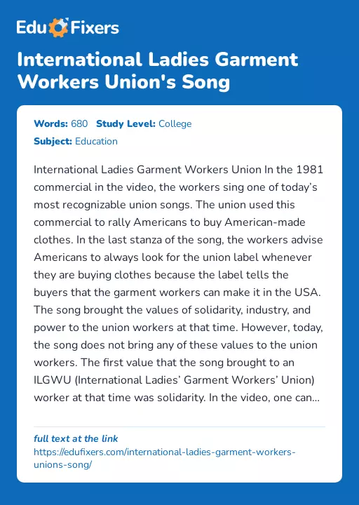 International Ladies Garment Workers Union's Song - Essay Preview