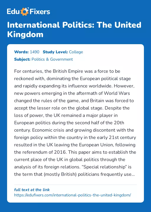 International Politics: The United Kingdom - Essay Preview