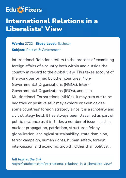 International Relations in a Liberalists' View - Essay Preview