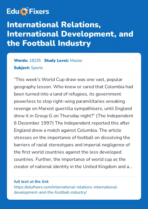 International Relations, International Development, and the Football Industry - Essay Preview