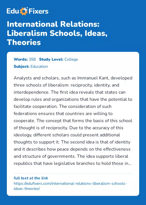 International Relations: Liberalism Schools, Ideas, Theories - Essay Preview