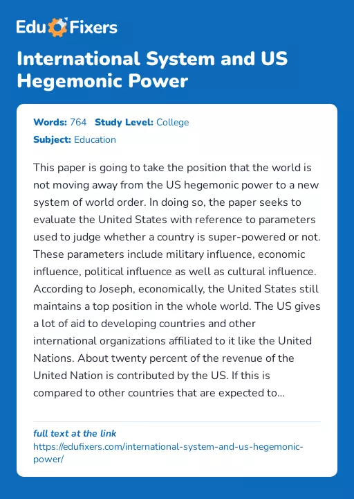 International System and US Hegemonic Power - Essay Preview