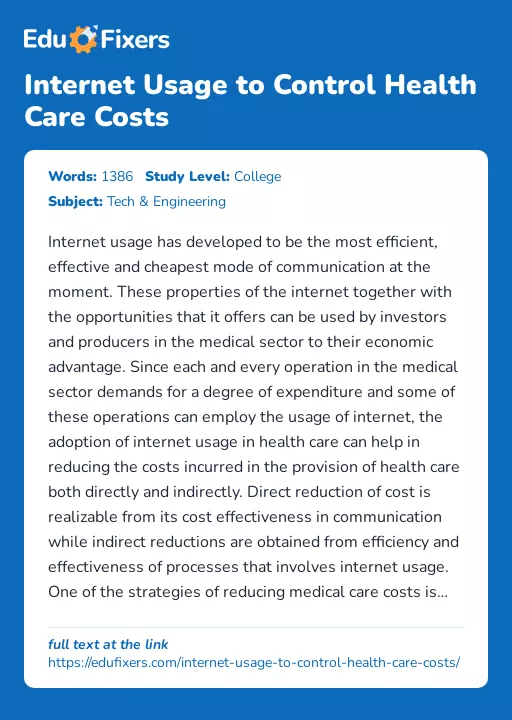Internet Usage to Control Health Care Costs - Essay Preview