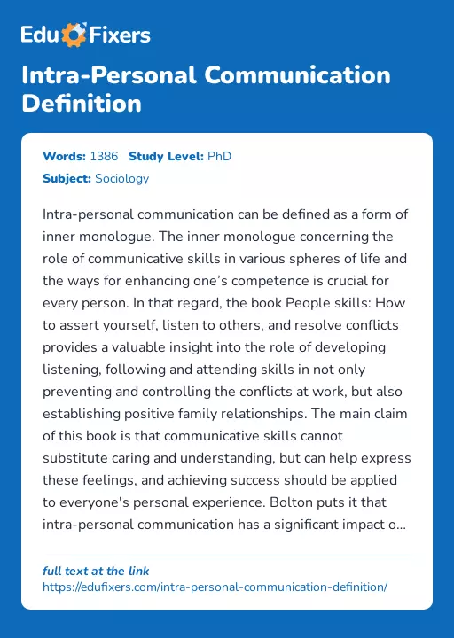 Intra-Personal Communication Definition - Essay Preview