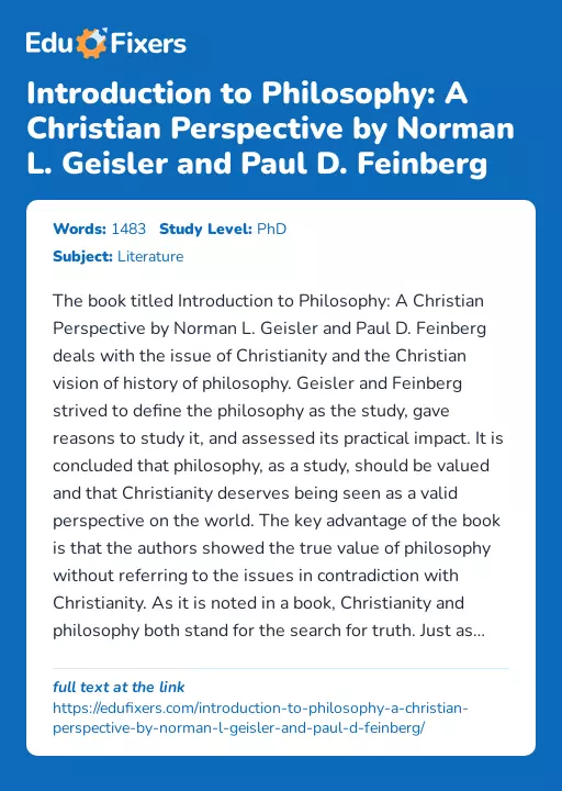 Introduction to Philosophy: A Christian Perspective by Norman L. Geisler and Paul D. Feinberg - Essay Preview