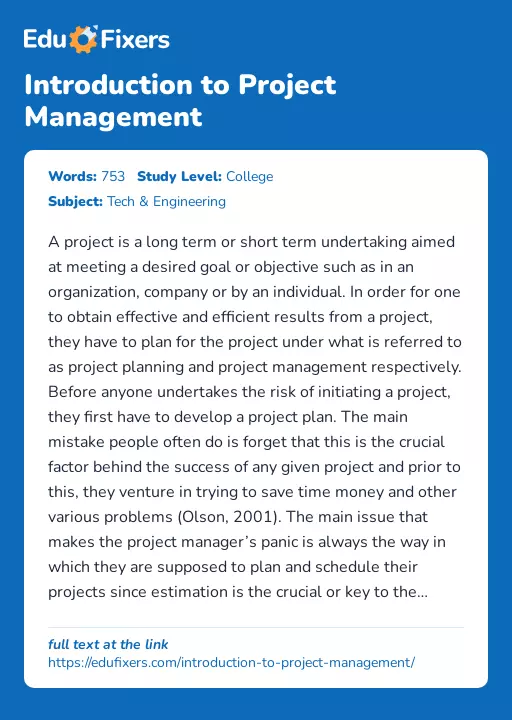 Introduction to Project Management - Essay Preview