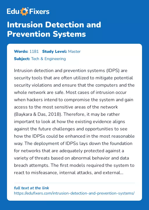 Intrusion Detection and Prevention Systems - Essay Preview