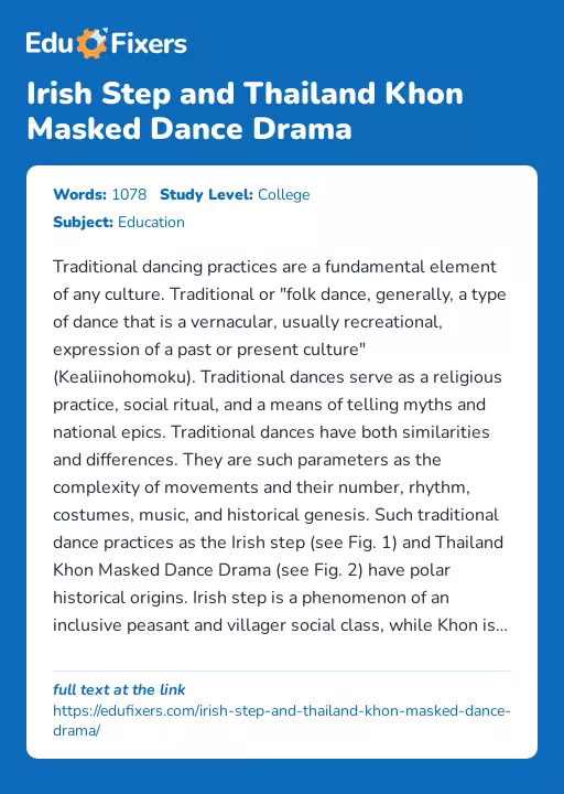 Irish Step and Thailand Khon Masked Dance Drama - Essay Preview
