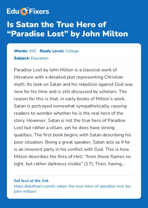 Is Satan the True Hero of “Paradise Lost” by John Milton - Essay Preview