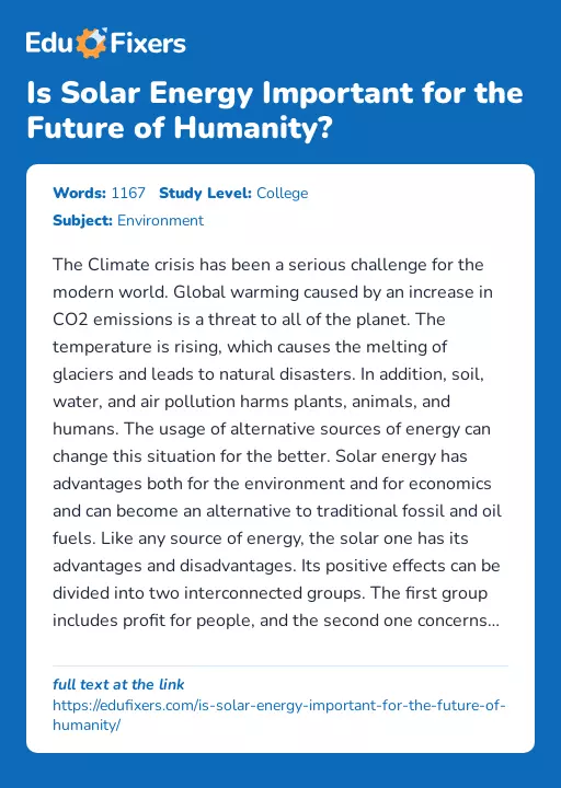 Is Solar Energy Important for the Future of Humanity? - Essay Preview