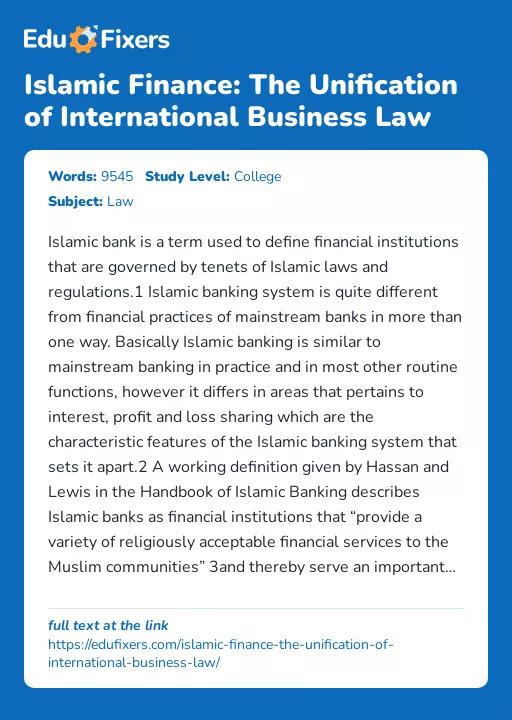 Islamic Finance: The Unification of International Business Law - Essay Preview