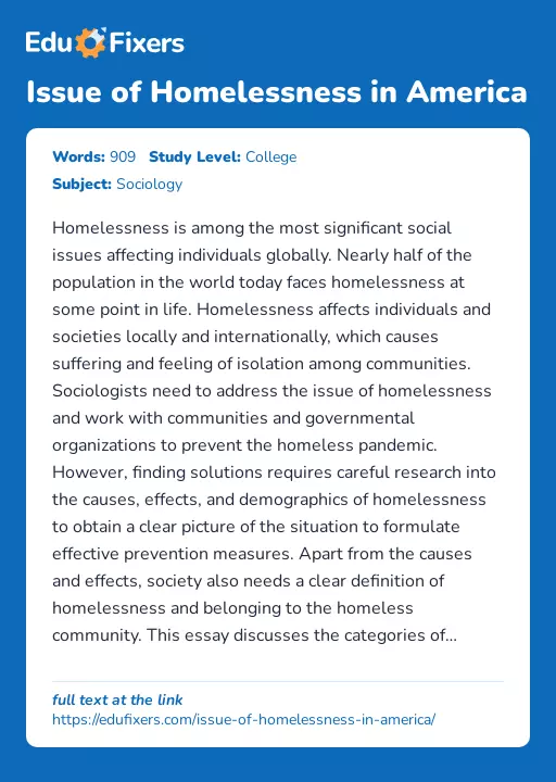 Issue of Homelessness in America - Essay Preview
