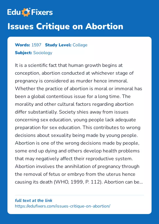 Issues Critique on Abortion - Essay Preview