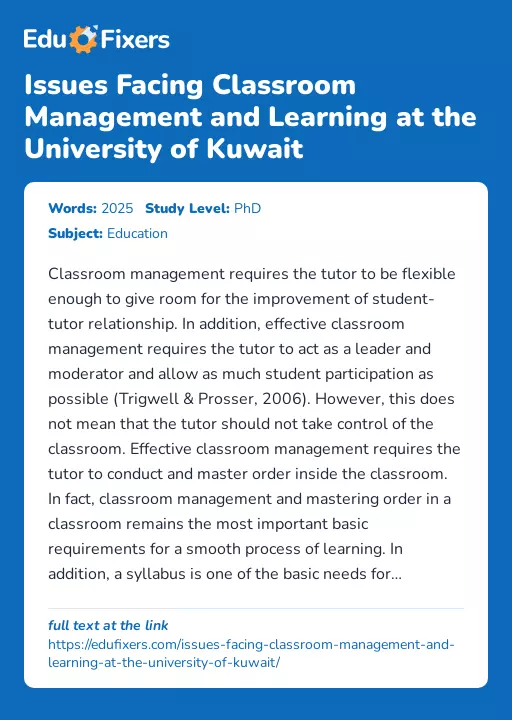 Issues Facing Classroom Management and Learning at the University of Kuwait - Essay Preview