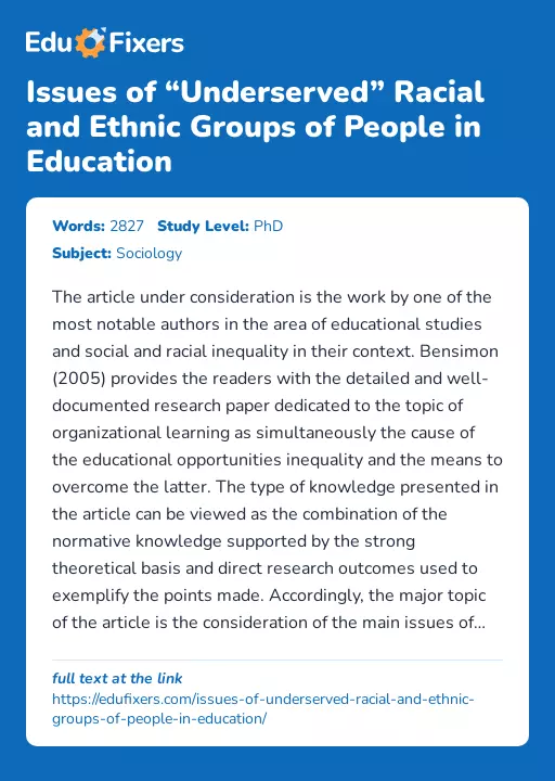 Issues of “Underserved” Racial and Ethnic Groups of People in Education - Essay Preview