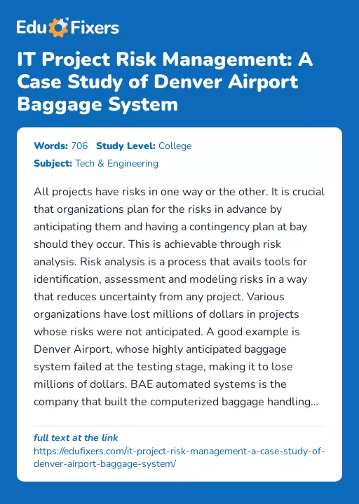 IT Project Risk Management: A Case Study of Denver Airport Baggage System - Essay Preview