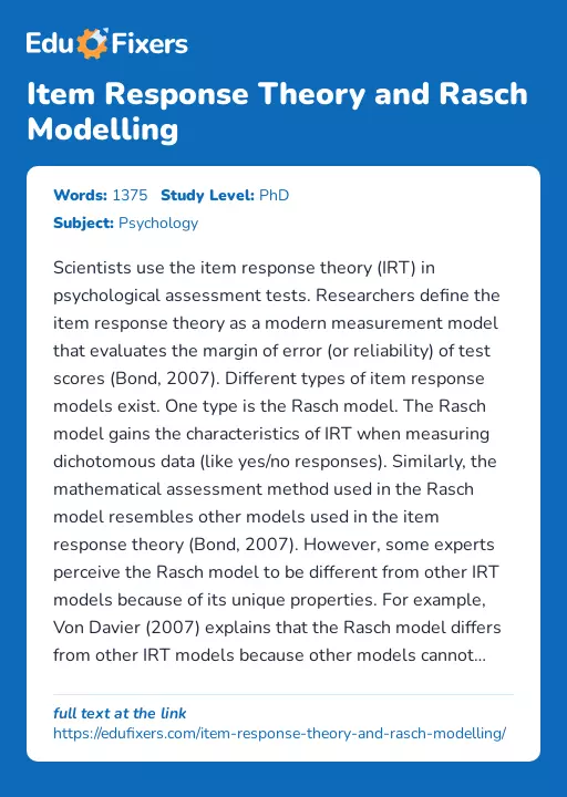 Item Response Theory and Rasch Modelling - Essay Preview