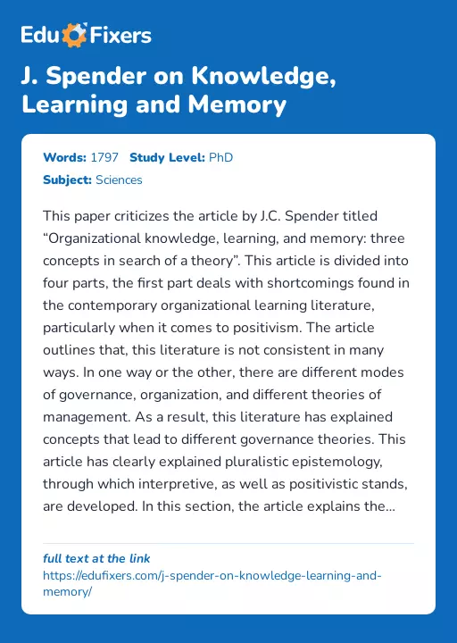 J. Spender on Knowledge, Learning and Memory - Essay Preview