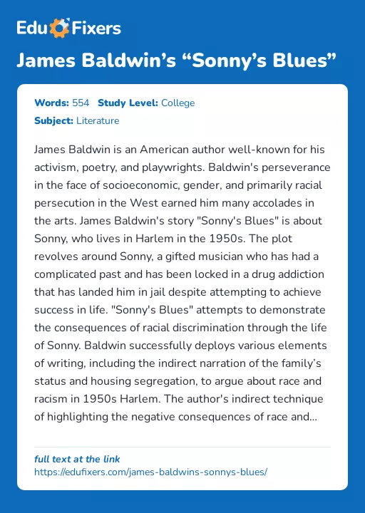 James Baldwin’s “Sonny’s Blues” - Essay Preview
