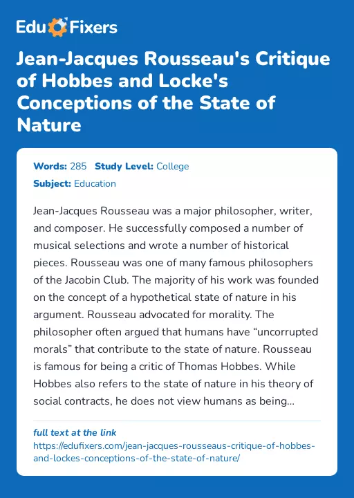 Jean-Jacques Rousseau's Critique of Hobbes and Locke's Conceptions of the State of Nature - Essay Preview